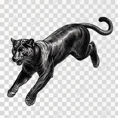 a black and white pencil illustration of an upwards climbing panther isolated on white background
