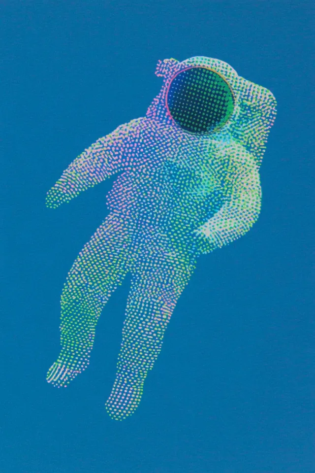 Astronaut in a space suit floating through air in virtual reality headset