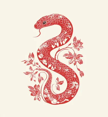 A snake in traditional Chinese paper-cut art style is depicted as an icon with minimalist design and flat vector illustration. The silhouette is red against a cream background, capturing intricate details through simple lines. It has floral patterns on its body and coils around its body. This artwork embodies simplicity without being overly complex or full of elements.