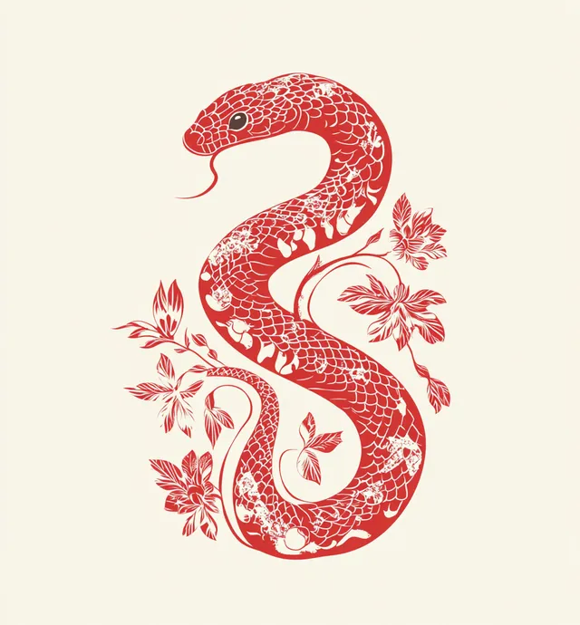 Red Snake in Traditional Chinese Paper-Cut Art on Cream Background