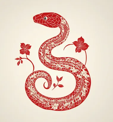 A snake in traditional Chinese paper-cut art style is depicted as an icon with minimalist design and flat vector illustration. The silhouette is red against a cream background, capturing intricate details through simple lines. It has floral patterns on its body and coils around its body. This artwork embodies simplicity without being overly complex or full of elements.