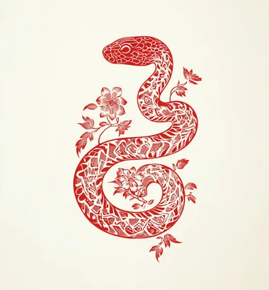 A snake in traditional Chinese paper-cut art style is depicted as an icon with minimalist design and flat vector illustration. The silhouette is red against a cream background, capturing intricate details through simple lines. It has floral patterns on its body and coils around its body. This artwork embodies simplicity without being overly complex or full of elements.