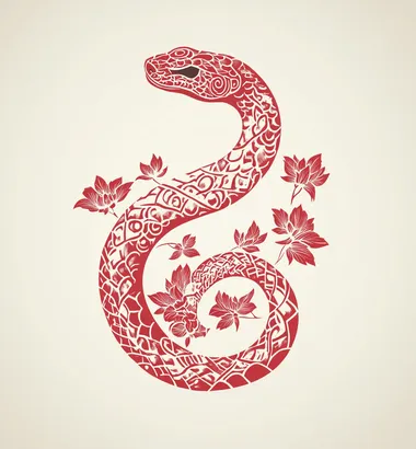 A snake in traditional Chinese paper-cut art style is depicted as an icon with minimalist design and flat vector illustration. The silhouette is red against a cream background, capturing intricate details through simple lines. It has floral patterns on its body and coils around its body. This artwork embodies simplicity without being overly complex or full of elements.