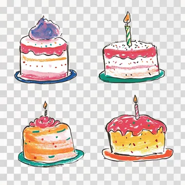 a minimalistic pastel illustration made by a 5-year-old kid. birthday cakes. plain primitive forms. single color. white background