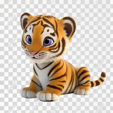 fun cute baby Siberian Tiger on white background, side view, 3d anime, cute fun pixar style
