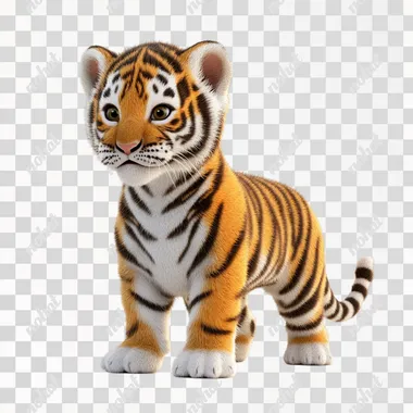fun cute baby Siberian Tiger on white background, side view, 3d anime, cute fun pixar style