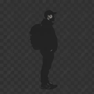 Silhouette traveler stands back full-length black on white background