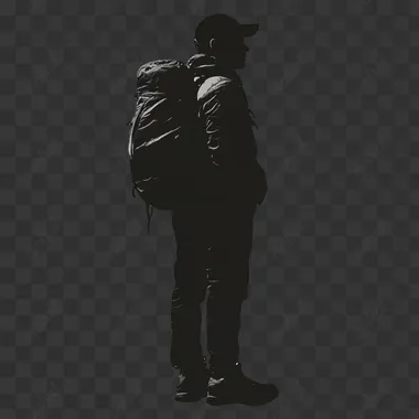 Silhouette traveler stands back full-length black on white background