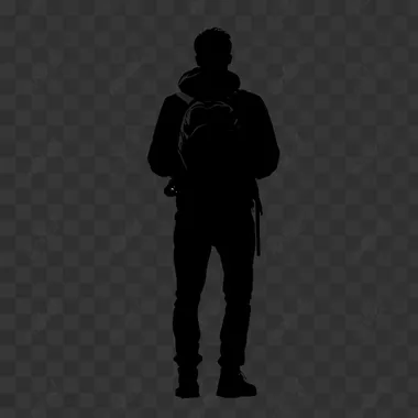 Silhouette traveler stands back full-length black on white background