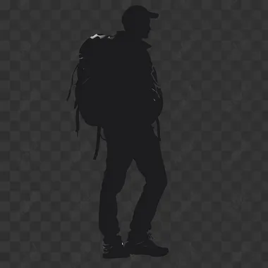 Silhouette traveler stands back full-length black on white background