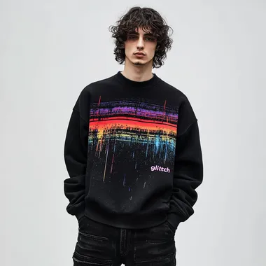 imagine print for textile sweatshirt using as a main theme "glitch" on a black washed sweatshirt, oversized fit and round neck collar, worn by a man in black baggy jeans, white background, streetwear style, high-resolution photography