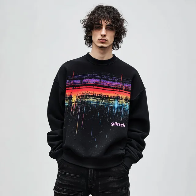 Young man in oversized black glitch sweatshirt and baggy jeans, urban style