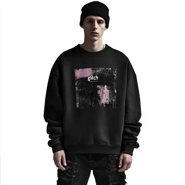 imagine print for textile sweatshirt using as a main theme "glitch" on a black washed sweatshirt, oversized fit and round neck collar, worn by a man in black baggy jeans, white background, streetwear style, high-resolution photography