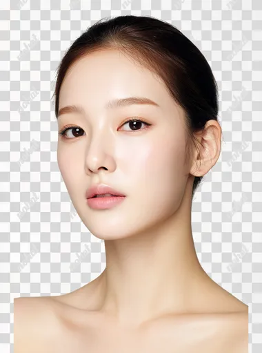 a youthful and elegant Korean woman in her early 20s with radiant pale winter cool-toned skin, soft but defined V-shaped jaw, delicate and well-balanced facial features, almond-shaped fox-like eyes with subtle eyeliner, full lips hair pulled back into a neat updo without bangs, forehead fully visible, giving a fresh and graceful impression ultra close-up portrait focused tightly on her face with only a slight hint of her neck and collarbone, white seamless background, soft cool lighting, minimalist high-fashion editorial style, no text, no logo  rofile ym3j332
