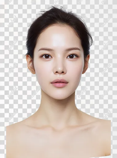 a youthful and elegant Korean woman in her early 20s with radiant pale winter cool-toned skin, soft but defined V-shaped jaw, delicate and well-balanced facial features, almond-shaped fox-like eyes with subtle eyeliner, full lips hair pulled back into a neat updo without bangs, forehead fully visible, giving a fresh and graceful impression ultra close-up portrait focused tightly on her face with only a slight hint of her neck and collarbone, white seamless background, soft cool lighting, minimalist high-fashion editorial style, no text, no logo  rofile ym3j332