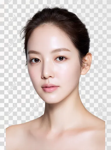 a youthful and elegant Korean woman in her early 20s with radiant pale winter cool-toned skin, soft but defined V-shaped jaw, delicate and well-balanced facial features, almond-shaped fox-like eyes with subtle eyeliner, full lips hair pulled back into a neat updo without bangs, forehead fully visible, giving a fresh and graceful impression ultra close-up portrait focused tightly on her face with only a slight hint of her neck and collarbone, white seamless background, soft cool lighting, minimalist high-fashion editorial style, no text, no logo  rofile ym3j332