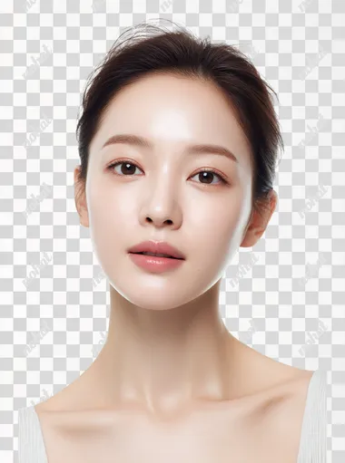 a youthful and elegant Korean woman in her early 20s with radiant pale winter cool-toned skin, soft but defined V-shaped jaw, delicate and well-balanced facial features, almond-shaped fox-like eyes with subtle eyeliner, full lips hair pulled back into a neat updo without bangs, forehead fully visible, giving a fresh and graceful impression ultra close-up portrait focused tightly on her face with only a slight hint of her neck and collarbone, white seamless background, soft cool lighting, minimalist high-fashion editorial style, no text, no logo  rofile ym3j332