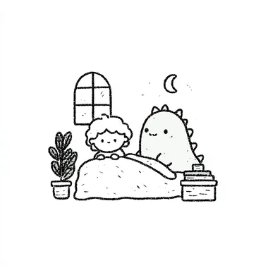 flat art, cartoon, chibi, black and white, coloring book, thick clean black outlines, line art, minimalism, little boy, cute dragon, tale style, bedroom, no shading, white background, kids coloring, window, for coloring books, clean line  color, more details, thin lines rofile 4c66p43