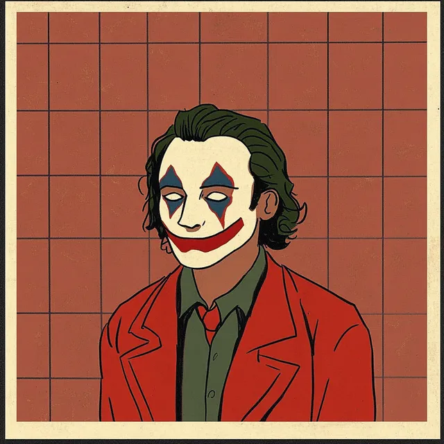 Person wearing a clown mask in a minimalist comix illustration style