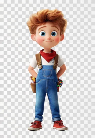 The little boy, Andy, has short golden hair and blue eyes. He often wears blue denim overalls and a white T-shirt. He wears red sneakers, a red handkerchief around his neck, wears a colorful woven bracelet and carries a small brown backpack.The style is like that of Pixar's animation   --s 50
