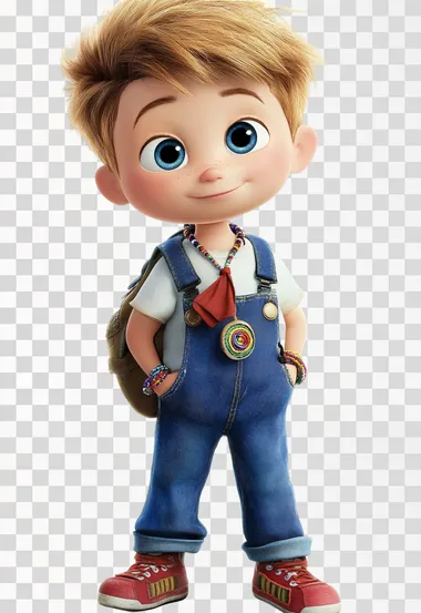 The little boy, Andy, has short golden hair and blue eyes. He often wears blue denim overalls and a white T-shirt. He wears red sneakers, a red handkerchief around his neck, wears a colorful woven bracelet and carries a small brown backpack.The style is like that of Pixar's animation   --s 50