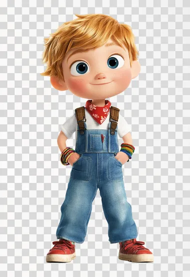 The little boy, Andy, has short golden hair and blue eyes. He often wears blue denim overalls and a white T-shirt. He wears red sneakers, a red handkerchief around his neck, wears a colorful woven bracelet and carries a small brown backpack.The style is like that of Pixar's animation   --s 50