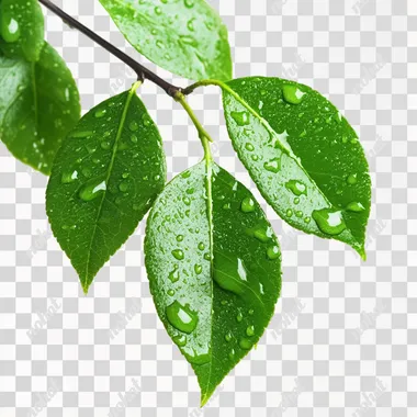 There are several green leaves on a branch. There are water droplets on top. The background is white. Ultra high definition picture quality, 8k.