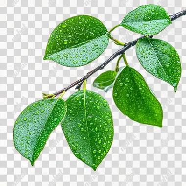 There are several green leaves on a branch. There are water droplets on top. The background is white. Ultra high definition picture quality, 8k.