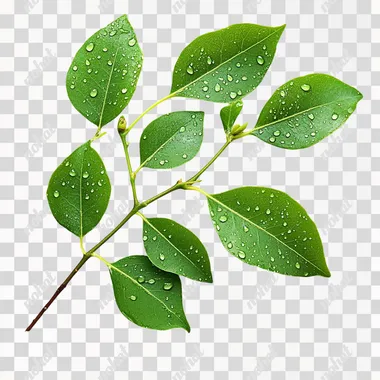 There are several green leaves on a branch. There are water droplets on top. The background is white. Ultra high definition picture quality, 8k.