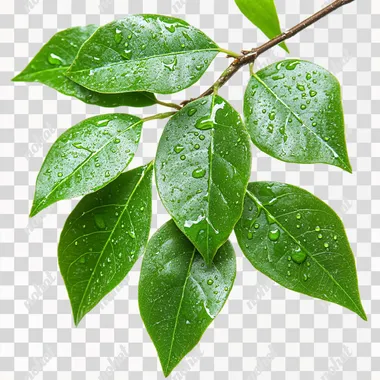 There are several green leaves on a branch. There are water droplets on top. The background is white. Ultra high definition picture quality, 8k.