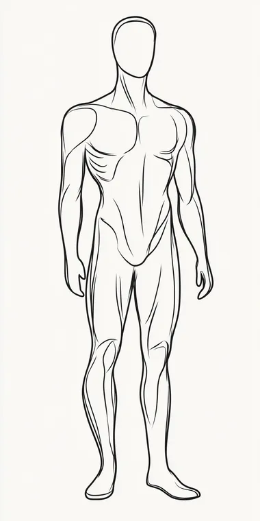 simple outline mannequin sketch of a male human standing at a 45 degree angle. Artist sketch. black and white.