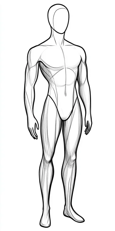simple outline mannequin sketch of a male human standing at a 45 degree angle. Artist sketch. black and white.