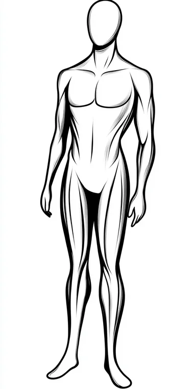 simple outline mannequin sketch of a male human standing at a 45 degree angle. Artist sketch. black and white.