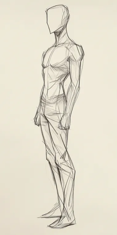 simple outline mannequin sketch of a male human standing at a 45 degree angle. Artist sketch. black and white.
