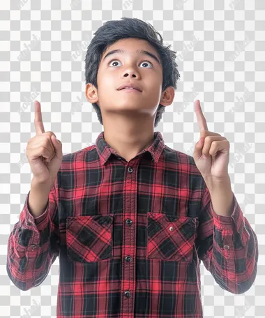 a indonesian Asian teenage boy who was pointing upwards with both hands looked up while surprised white background