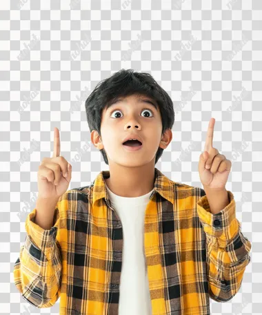 a indonesian Asian teenage boy who was pointing upwards with both hands looked up while surprised white background