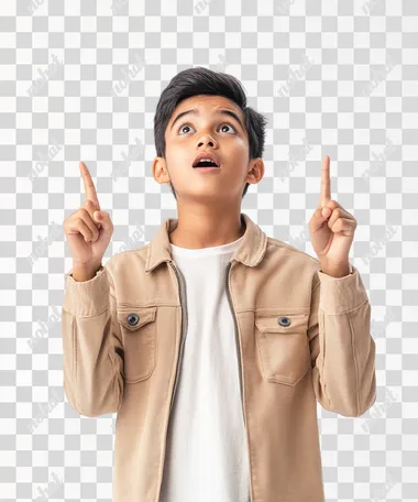 a indonesian Asian teenage boy who was pointing upwards with both hands looked up while surprised white background