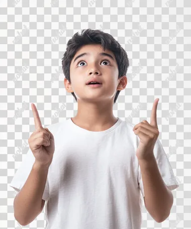 a indonesian Asian teenage boy who was pointing upwards with both hands looked up while surprised white background