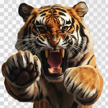 create photorealistic caricature A tiger roaring with its mouth open and 1 paw facing camera, in dynamic pose style