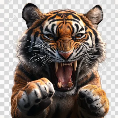 create photorealistic caricature A tiger roaring with its mouth open and 1 paw facing camera, in dynamic pose style