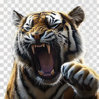 create photorealistic caricature A tiger roaring with its mouth open and 1 paw facing camera, in dynamic pose style