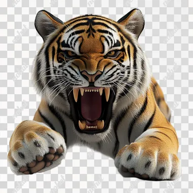 create photorealistic caricature A tiger roaring with its mouth open and 1 paw facing camera, in dynamic pose style