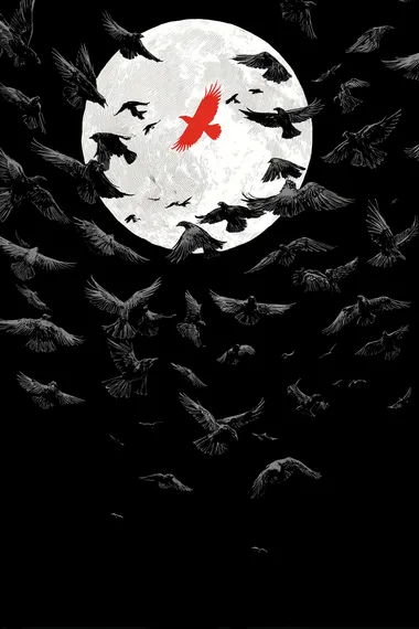 A flock of black ravens flying across a large full moon, with one glowing red-eyed bird in the center. Shot from below, against a deep night sky. High contrast ink illustration, dramatic and mysterious.