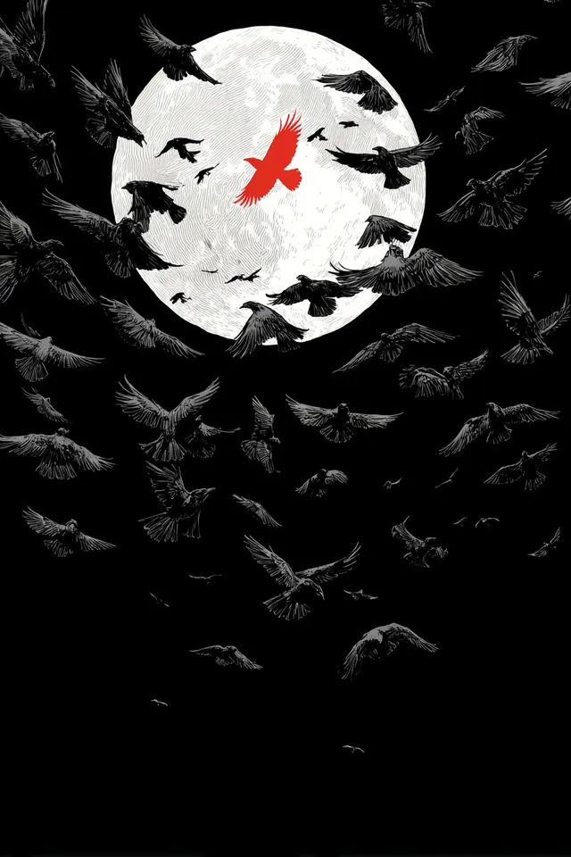 Ravens in Flight Under a Full Moon