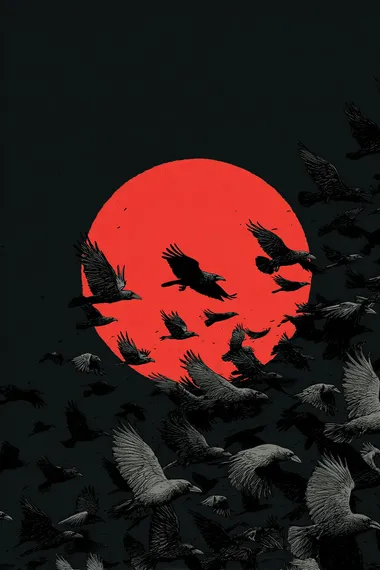 A flock of black ravens flying across a large full moon, with one glowing red-eyed bird in the center. Shot from below, against a deep night sky. High contrast ink illustration, dramatic and mysterious.