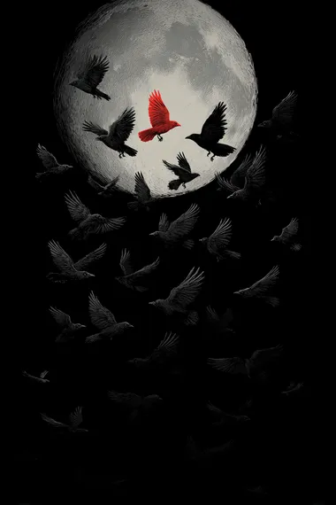 A flock of black ravens flying across a large full moon, with one glowing red-eyed bird in the center. Shot from below, against a deep night sky. High contrast ink illustration, dramatic and mysterious.