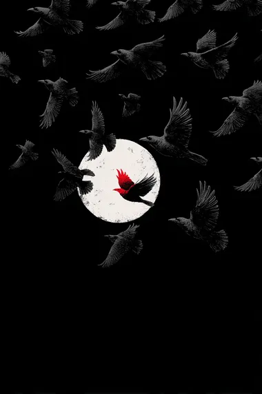 A flock of black ravens flying across a large full moon, with one glowing red-eyed bird in the center. Shot from below, against a deep night sky. High contrast ink illustration, dramatic and mysterious.