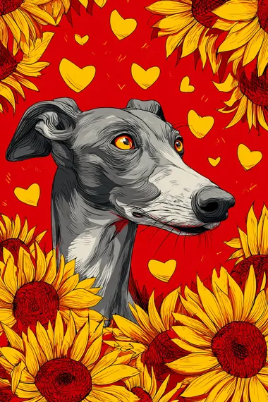 A Greyhound surrounded by sunflowers, with hearts in the background, in a clip art style with bold lines and bright colors. The artwork is designed for children's book illustrations, featuring vibrant red backgrounds and yellow accents to highlight the playful nature of Greyhound. It captures their cuteness through simple shapes and a cheerful atmosphere.