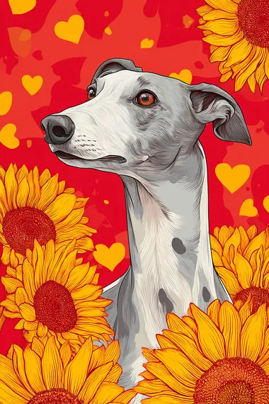 A Greyhound surrounded by sunflowers, with hearts in the background, in a clip art style with bold lines and bright colors. The artwork is designed for children's book illustrations, featuring vibrant red backgrounds and yellow accents to highlight the playful nature of Greyhound. It captures their cuteness through simple shapes and a cheerful atmosphere.