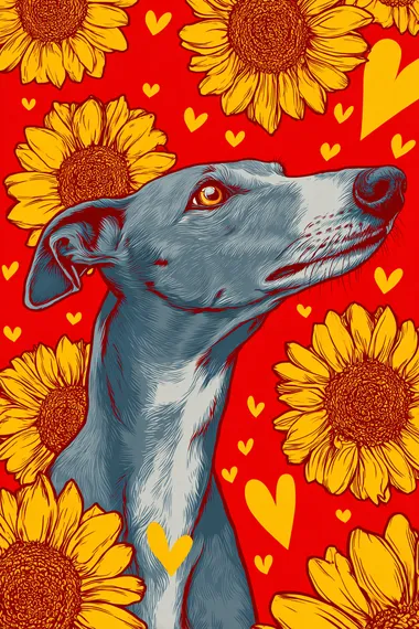 A Greyhound surrounded by sunflowers, with hearts in the background, in a clip art style with bold lines and bright colors. The artwork is designed for children's book illustrations, featuring vibrant red backgrounds and yellow accents to highlight the playful nature of Greyhound. It captures their cuteness through simple shapes and a cheerful atmosphere.
